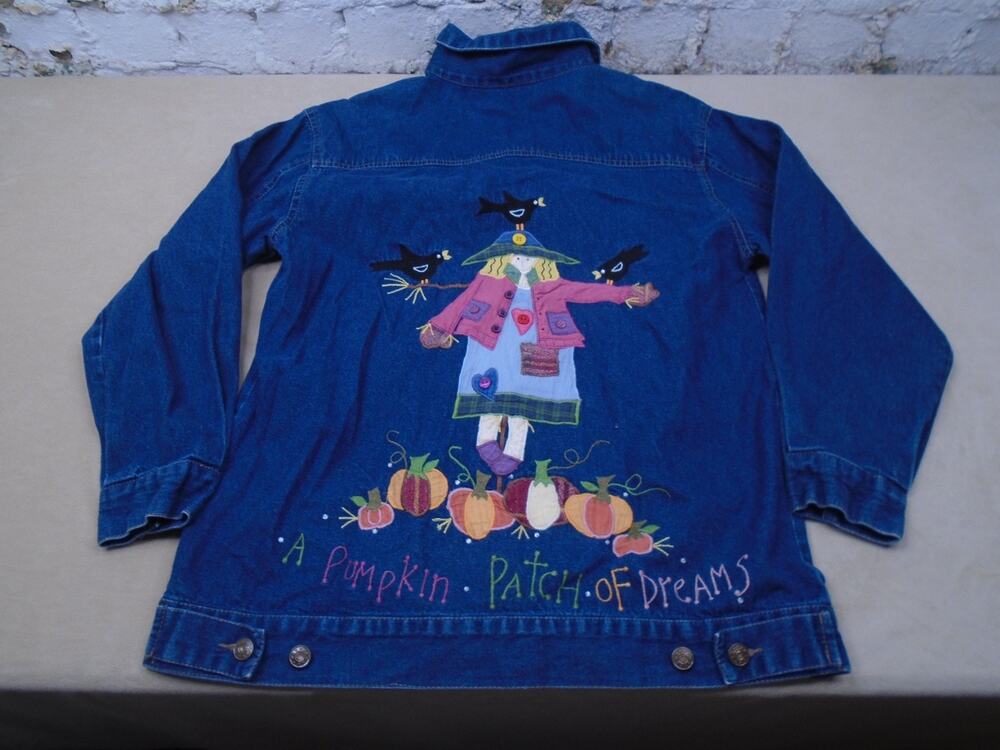 Vintage Quacker Factory Embroidered Denim Halloween Scarecrow Pumpkin Jacket M